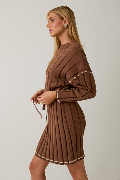 3/4 SLEEVE STITCH DETAIL MINI SWEATER DRESS