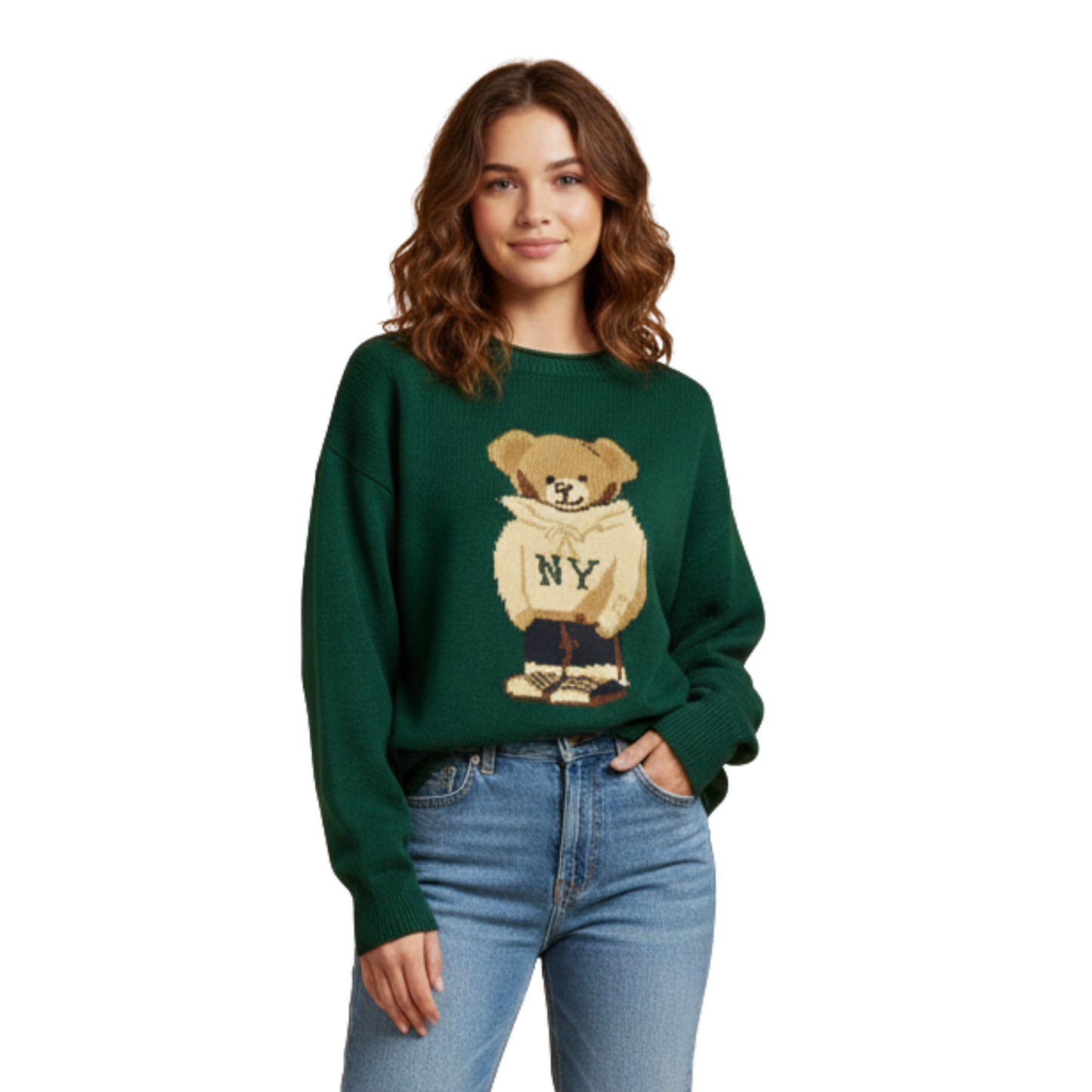 Dark Green NY Teddy Bear Crewneck Sweater