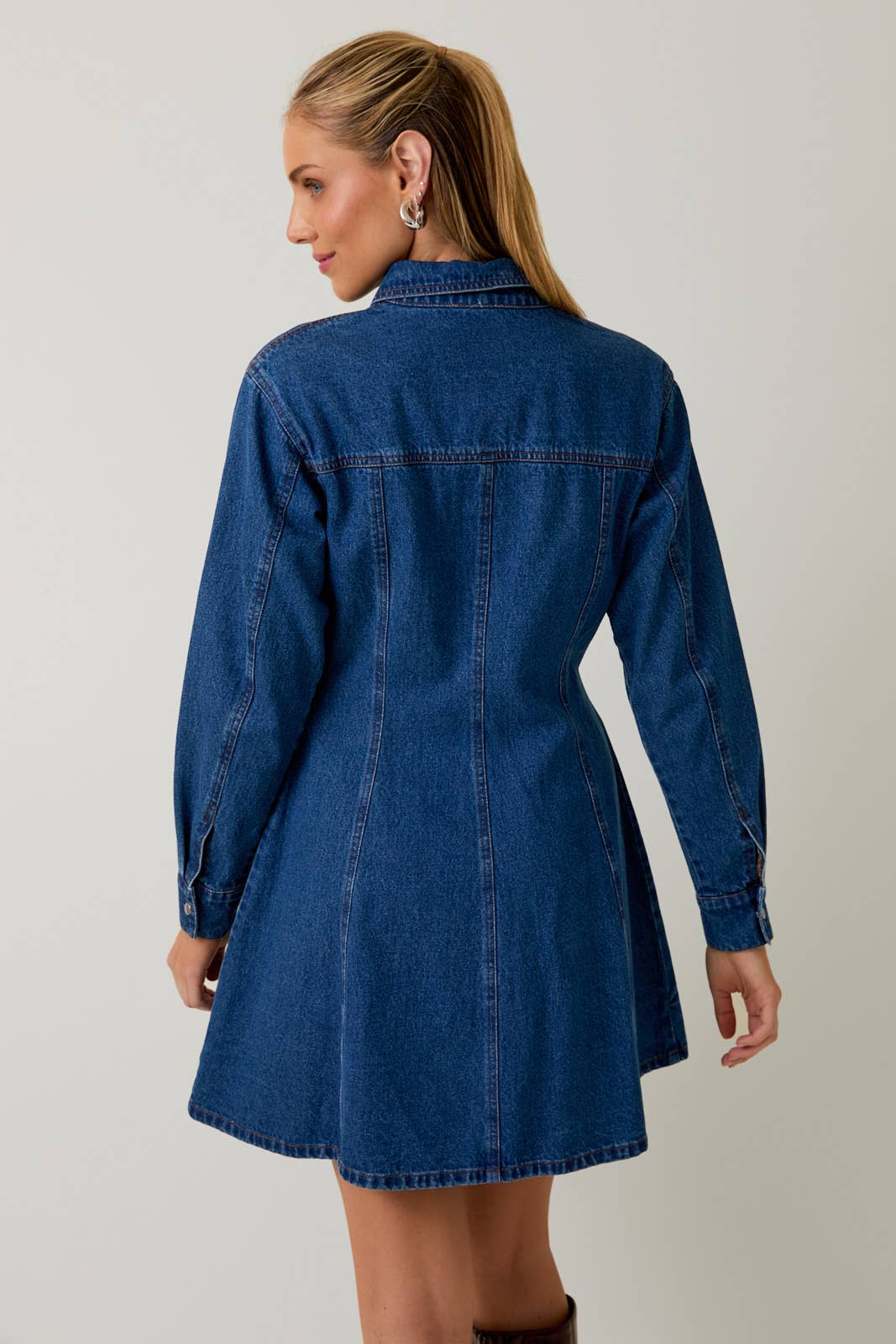 WIDE SHOULDER LONG SLEEVE FIT & FLARE DENIM MINI DRESS