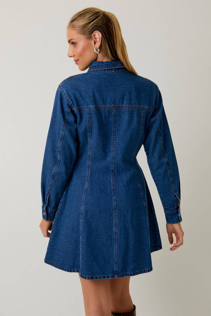WIDE SHOULDER LONG SLEEVE FIT & FLARE DENIM MINI DRESS