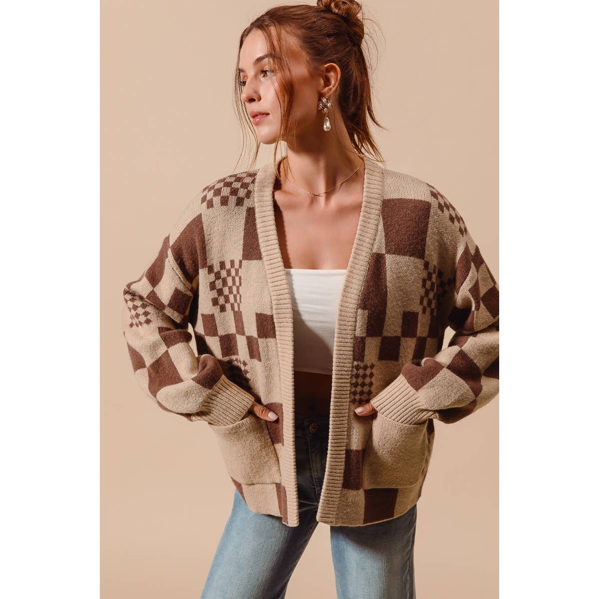 So Me Checkered Open Front Cardigan with Pockets