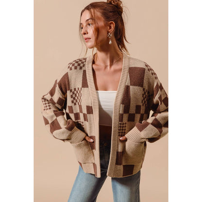 So Me Checkered Open Front Cardigan with Pockets