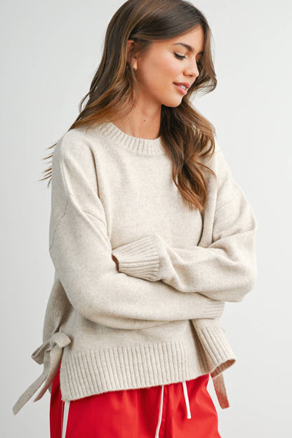 Buttermelon Tie Split-Hem Crewneck Long Sleeve Top