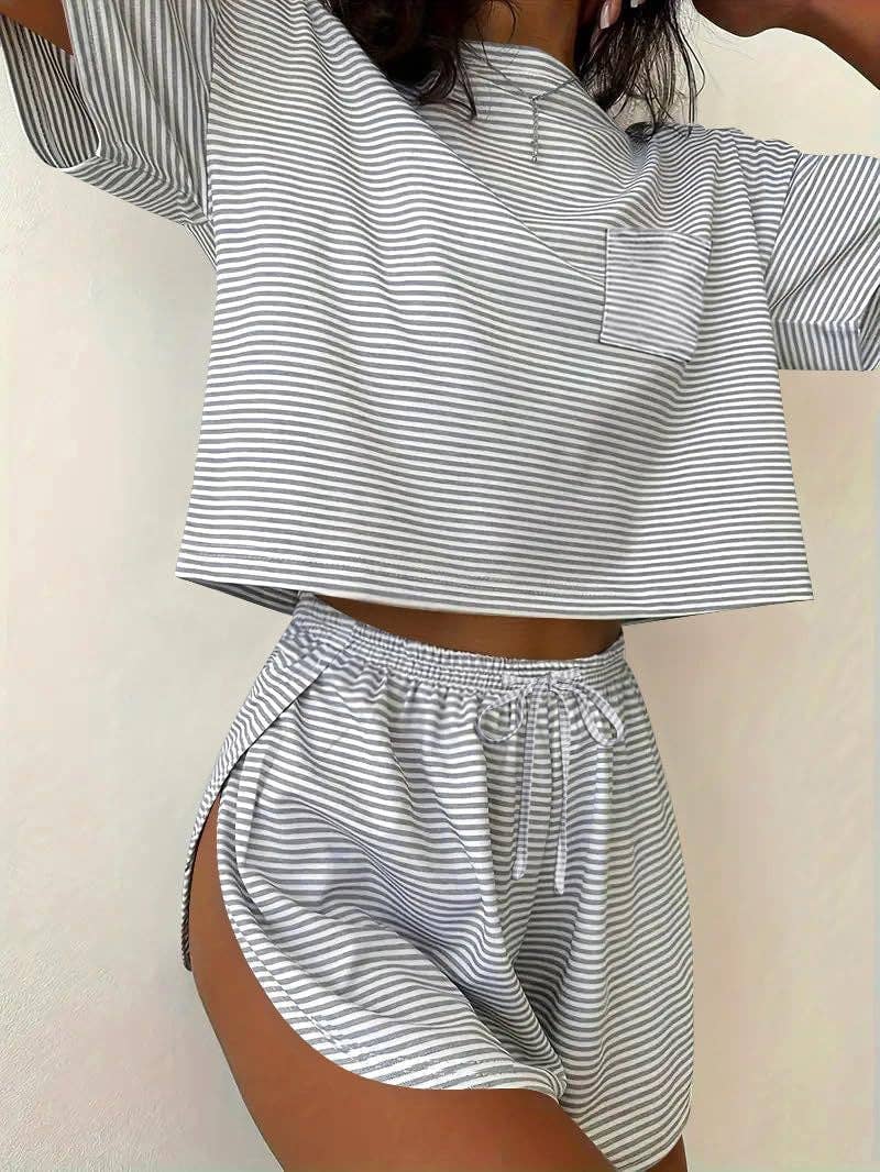 Two Piece Lounge Pajama Set Tee Top Drawstring Shorts