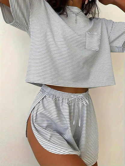 Two Piece Lounge Pajama Set Tee Top Drawstring Shorts
