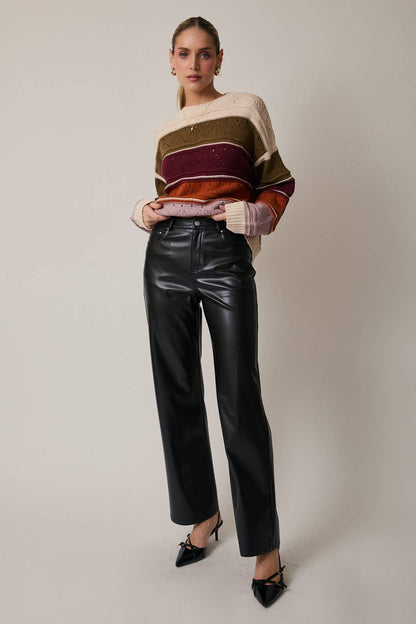 ROUND NECK LONG SLEEVE COLOR BLOCK SWEATER TOP