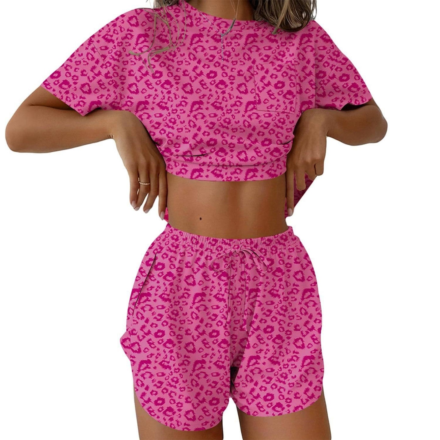 Two Piece Lounge Pajama Set Tee Top Drawstring Shorts