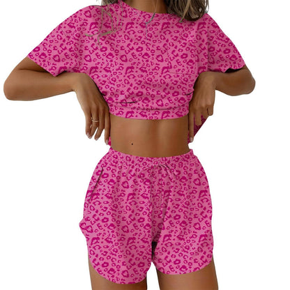 Two Piece Lounge Pajama Set Tee Top Drawstring Shorts