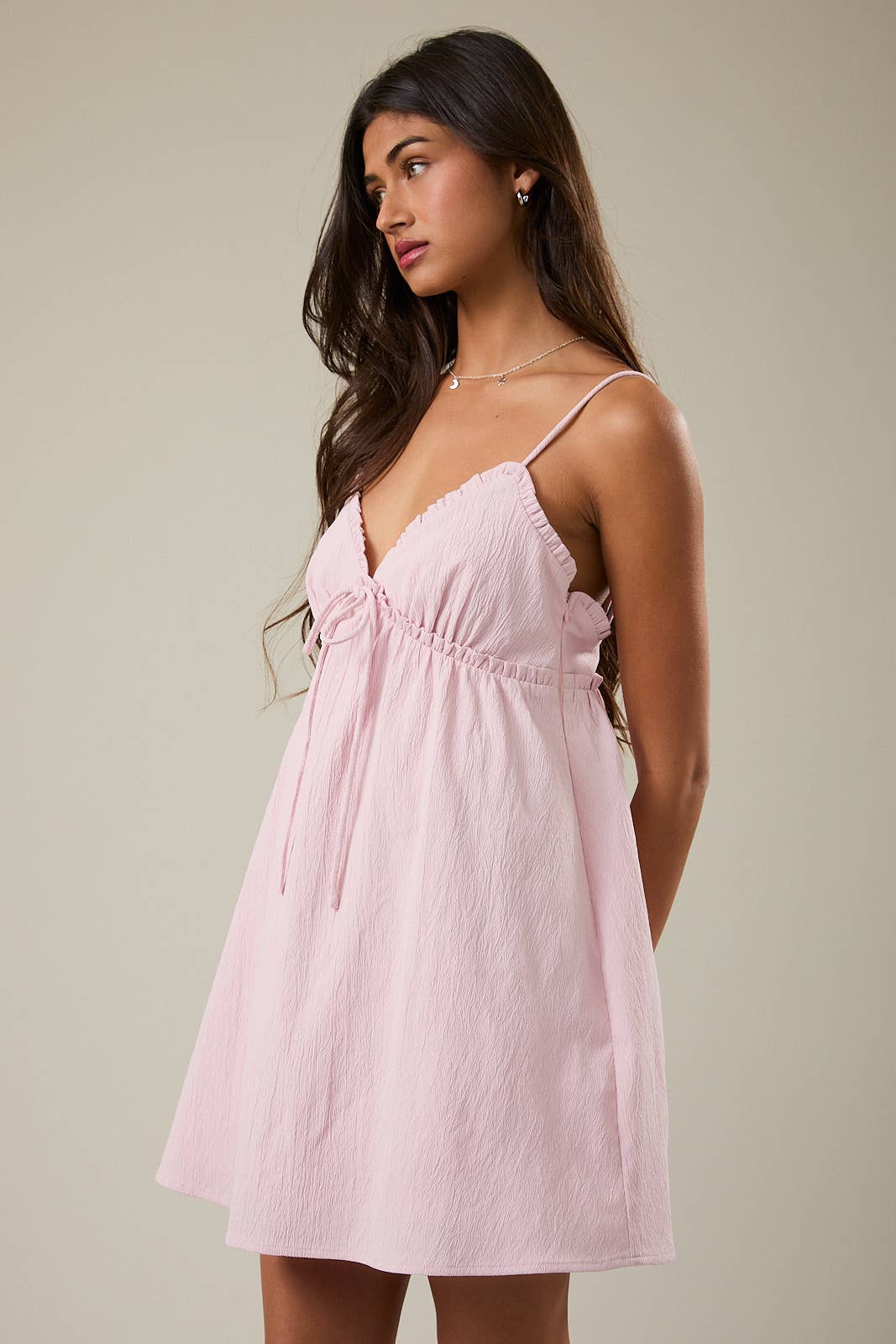 RUFFLE DETAIL SPAGHETTI STRAP SLEEVELESS A-LINE MINI DRESS