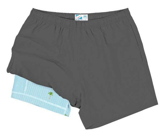 Grey Men's Swim Trunk with Palm Stripes 6 Inch Liner