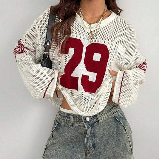 Trendy Number Crochet Hollow Out Knit Sweater