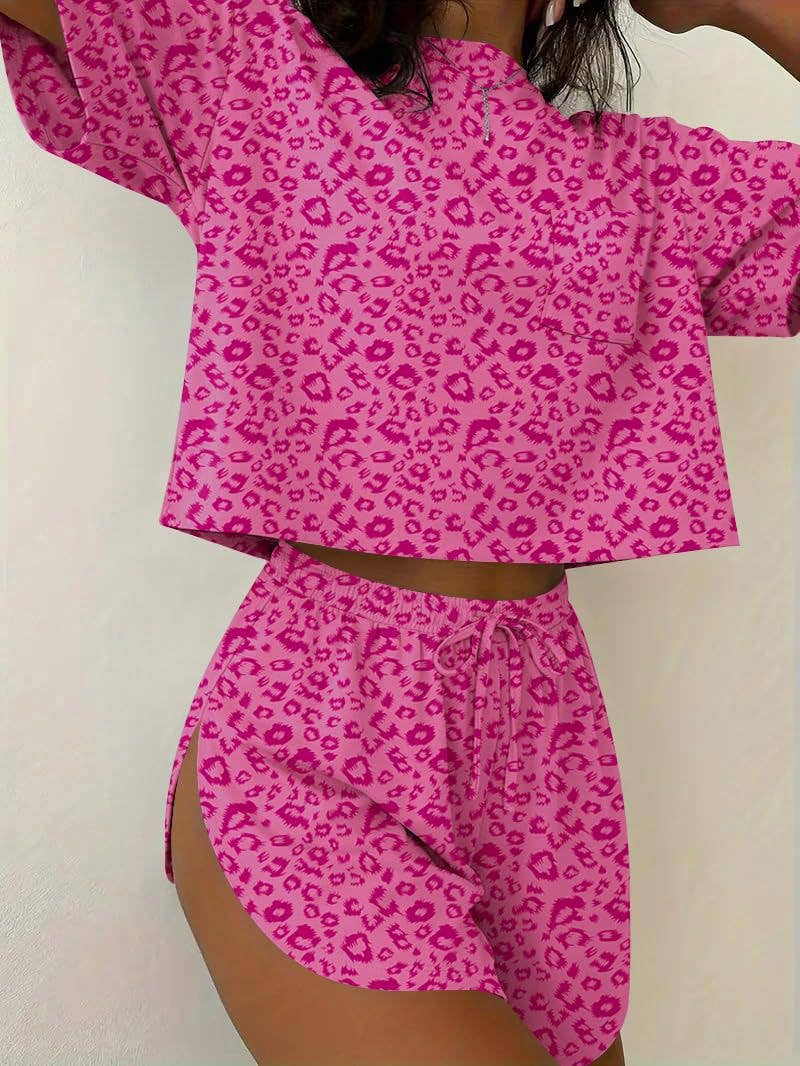 Two Piece Lounge Pajama Set Tee Top Drawstring Shorts