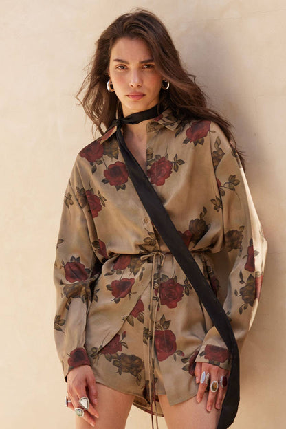 Floral-Print Satin Belted Button-Up Shirt Romper
