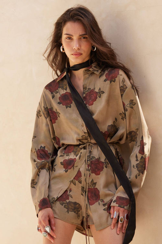 Floral-Print Satin Belted Button-Up Shirt Romper