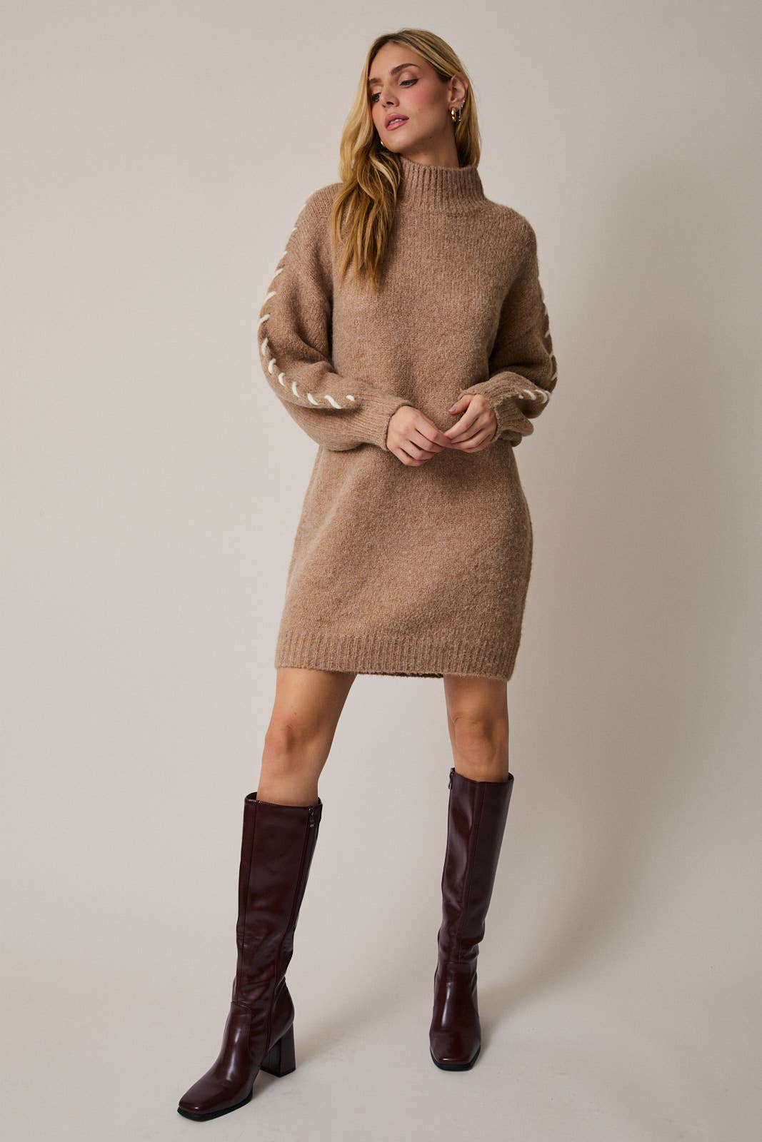 MOCK NECK LONG SLEEVE STITCH DETAIL SWEATER DRESS