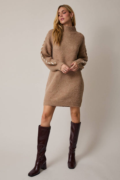 MOCK NECK LONG SLEEVE STITCH DETAIL SWEATER DRESS
