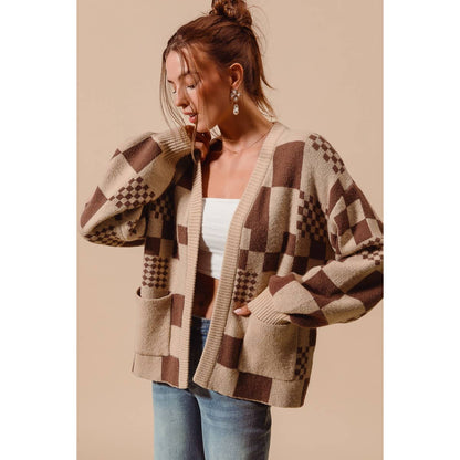 So Me Checkered Open Front Cardigan with Pockets