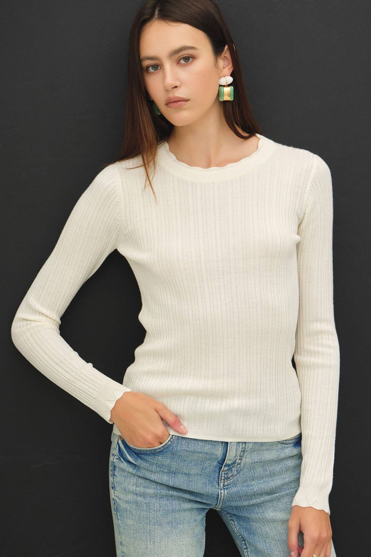 Scalloped Edge Neckline, Slim Fit, Ribbed Sweater Top