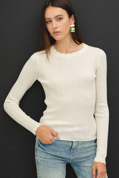 Scalloped Edge Neckline, Slim Fit, Ribbed Sweater Top