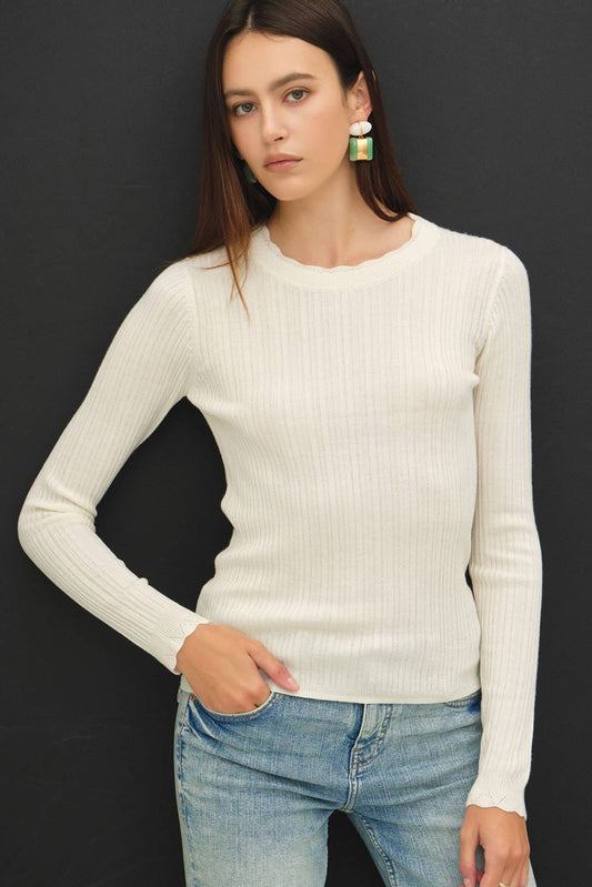 Scalloped Edge Neckline, Slim Fit, Ribbed Sweater Top