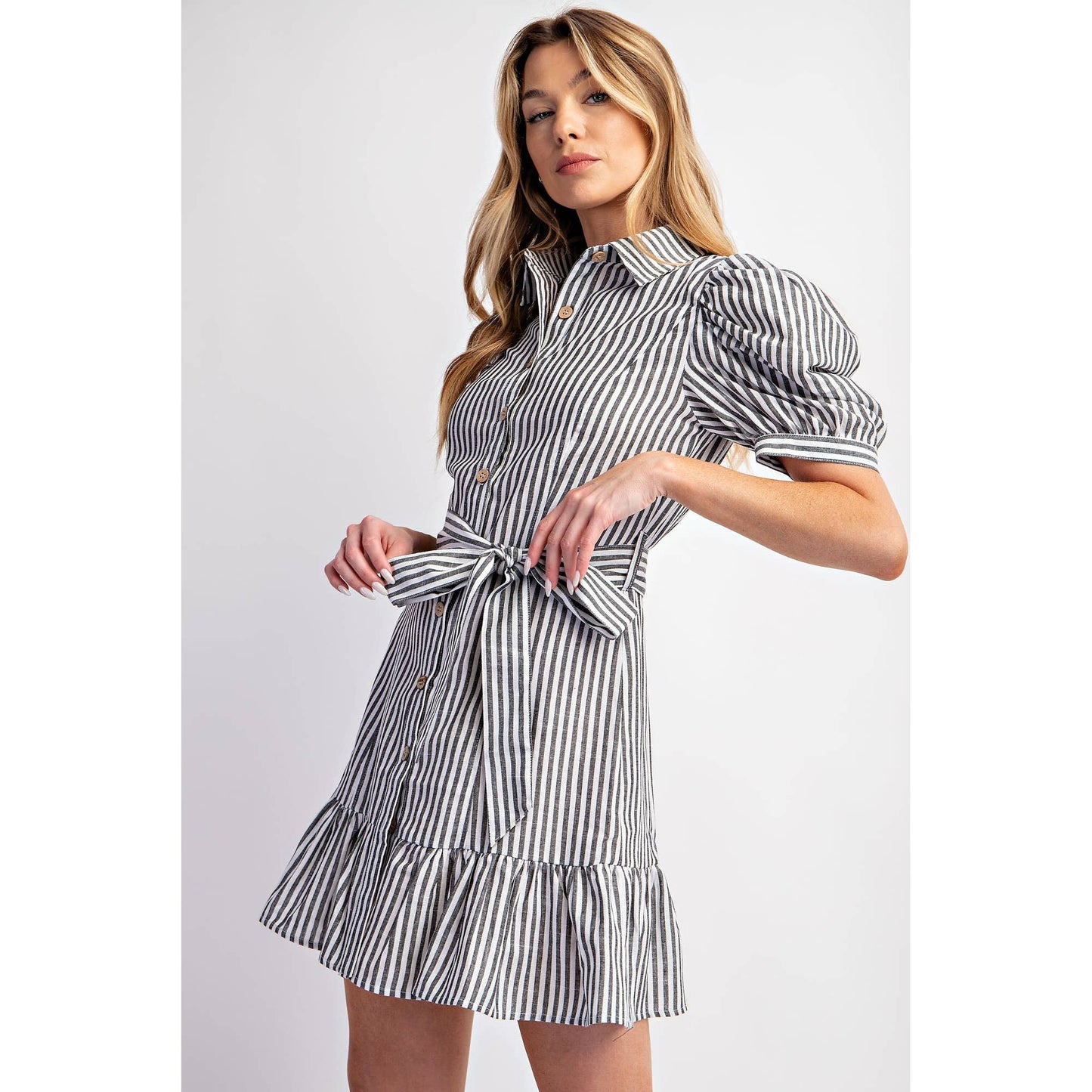 COTTON STRIPED BELTED SHIRT DRESS