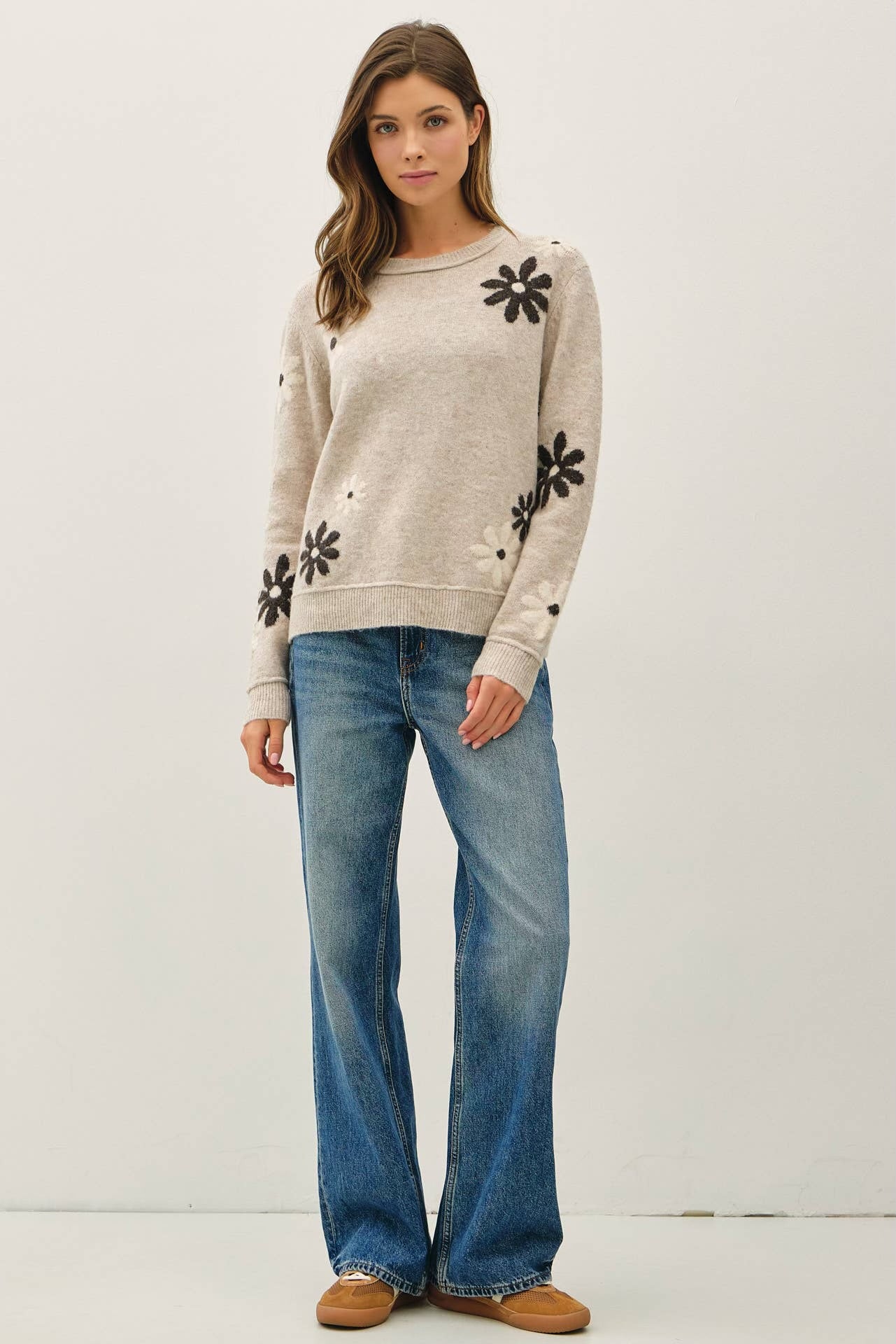Wool Blend Floral Accent Crewneck Sweater
