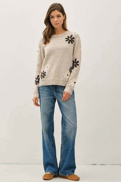 Wool Blend Floral Accent Crewneck Sweater