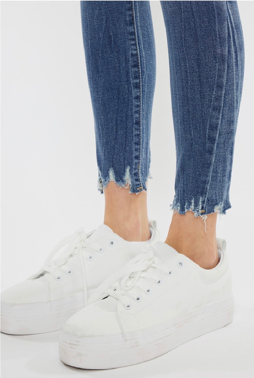 KanCan mid rise ankle skinny jeans in medium blue wash with frayed hem
