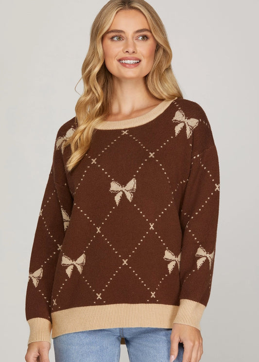 Long Sleeve Bow Pattern Sweater Top