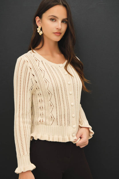 Pointelle, Crochet Knit, Ruffle Detail Button Up Cardigan