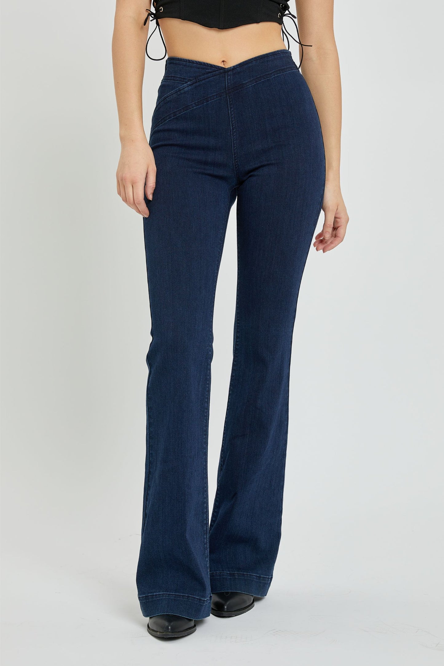 Cello Overlapped Waist Band Pull On Flare Jeans 34" Inseam