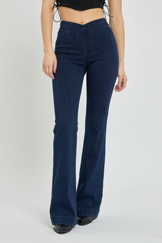 Cello Overlapped Waist Band Pull On Flare Jeans 34" Inseam