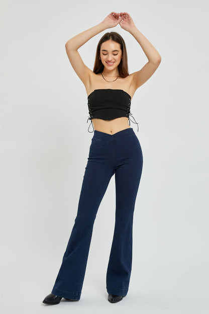 Cello Overlapped Waist Band Pull On Flare Jeans 34" Inseam