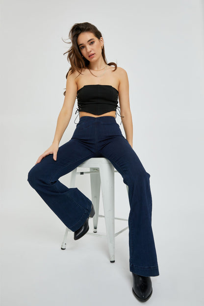 Cello Overlapped Waist Band Pull On Flare Jeans 34" Inseam