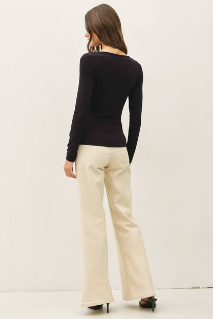Ultra Soft Everyday Essential Basic Ribbed Boatneck Long Sleeve Tee