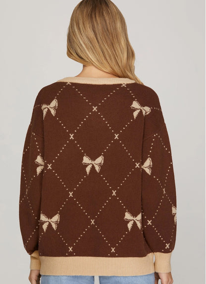 Long Sleeve Bow Pattern Sweater Top