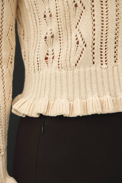 Pointelle, Crochet Knit, Ruffle Detail Button Up Cardigan