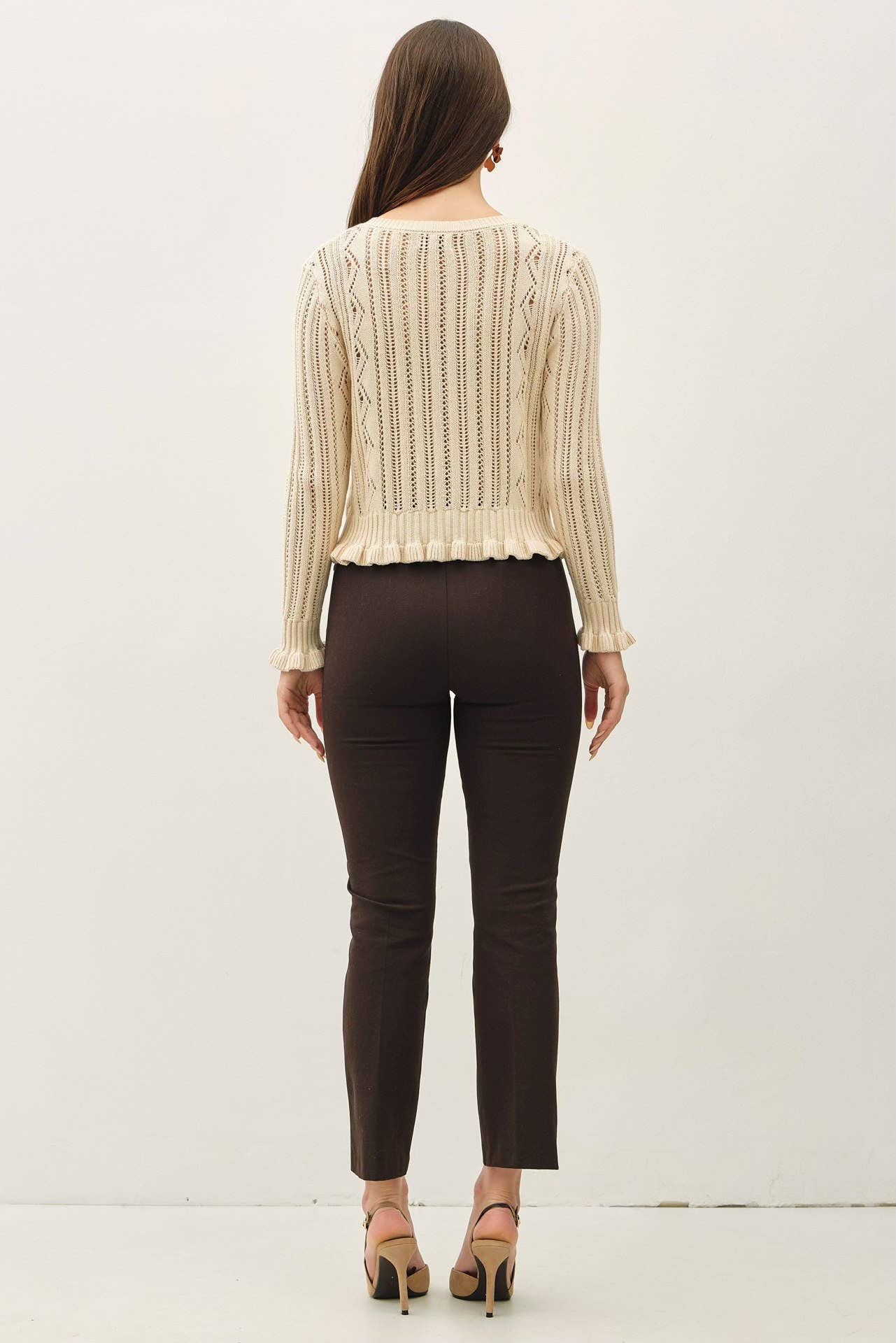 Pointelle, Crochet Knit, Ruffle Detail Button Up Cardigan