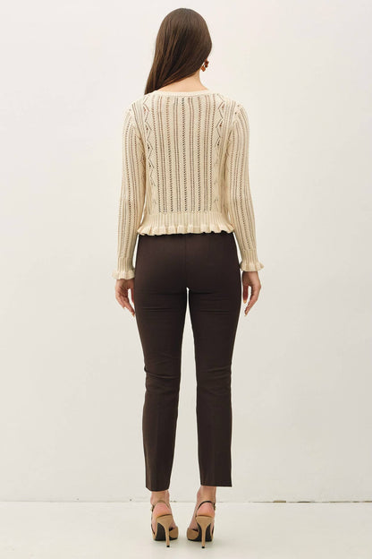 Pointelle, Crochet Knit, Ruffle Detail Button Up Cardigan