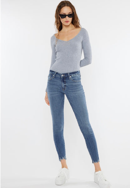 KanCan mid rise ankle skinny jeans in medium blue wash with frayed hem