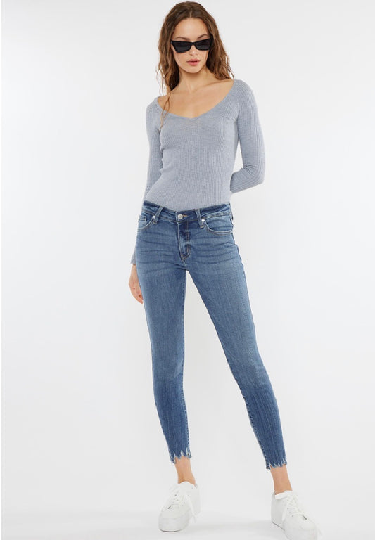 KanCan mid rise ankle skinny jeans in medium blue wash with frayed hem