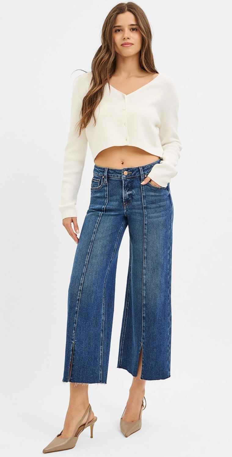 Risen Tummy Control Mid Rise Crop Wide Front Slit Jeans