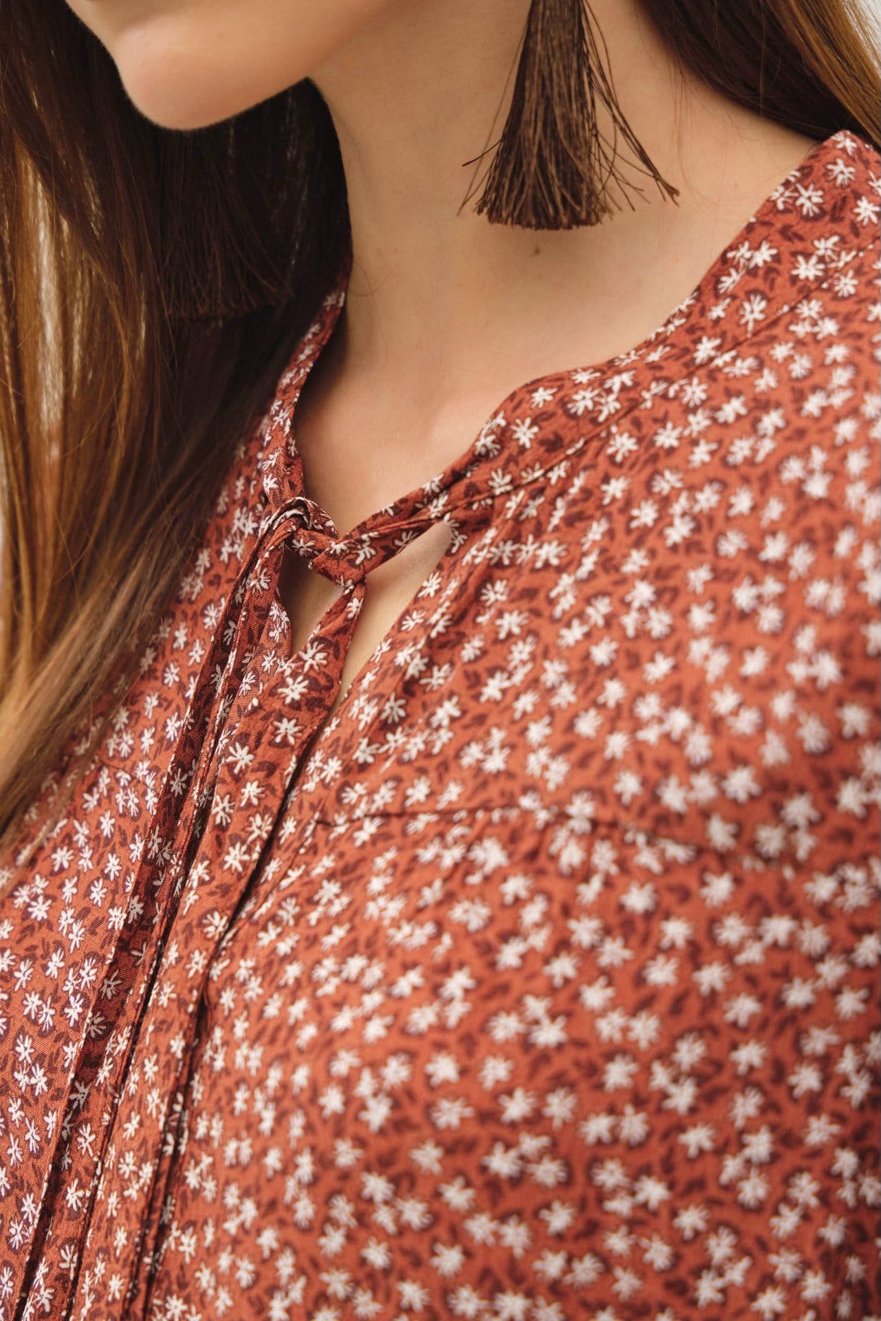 Floral Print Flowy Top with Tie Neckline Detail