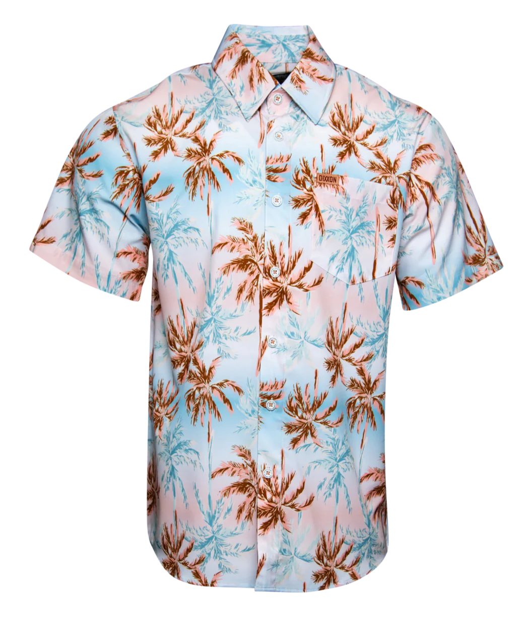 DIXXON short sleeve button-up shirt with palm tree print in blue and pink
