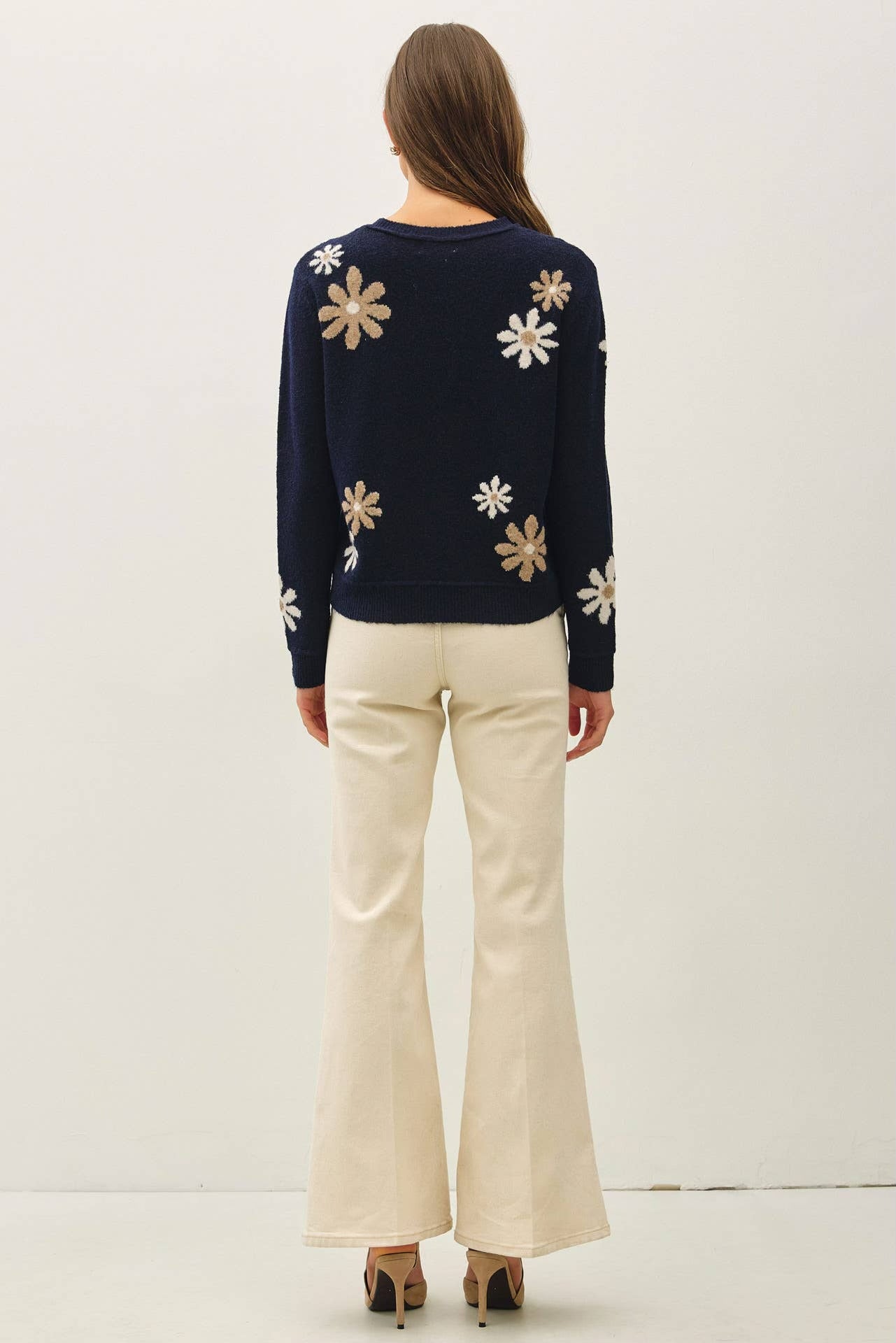 Wool Blend Floral Accent Crewneck Sweater