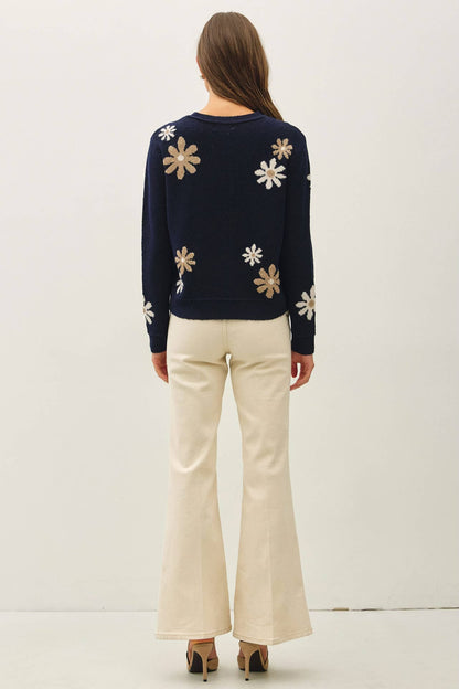 Wool Blend Floral Accent Crewneck Sweater