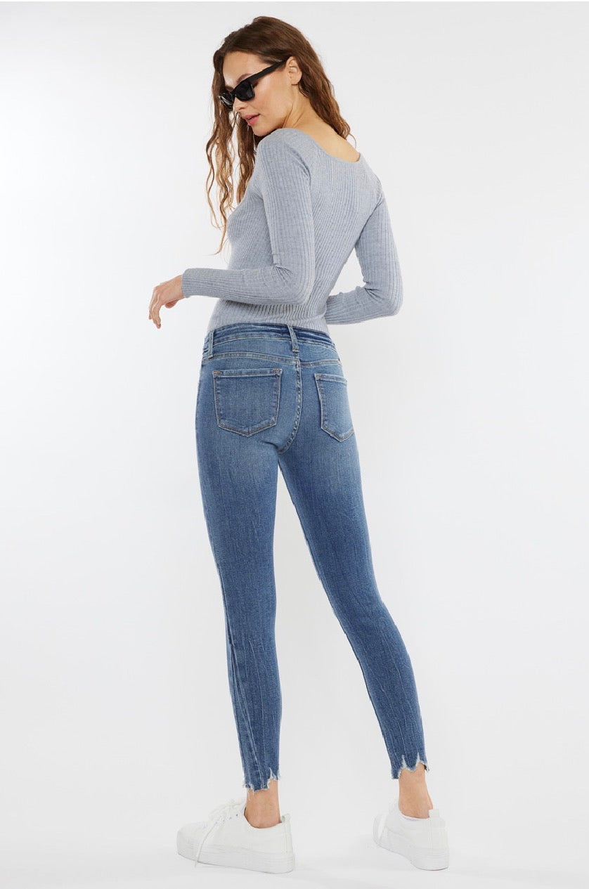 KanCan mid rise ankle skinny jeans in medium blue wash with frayed hem