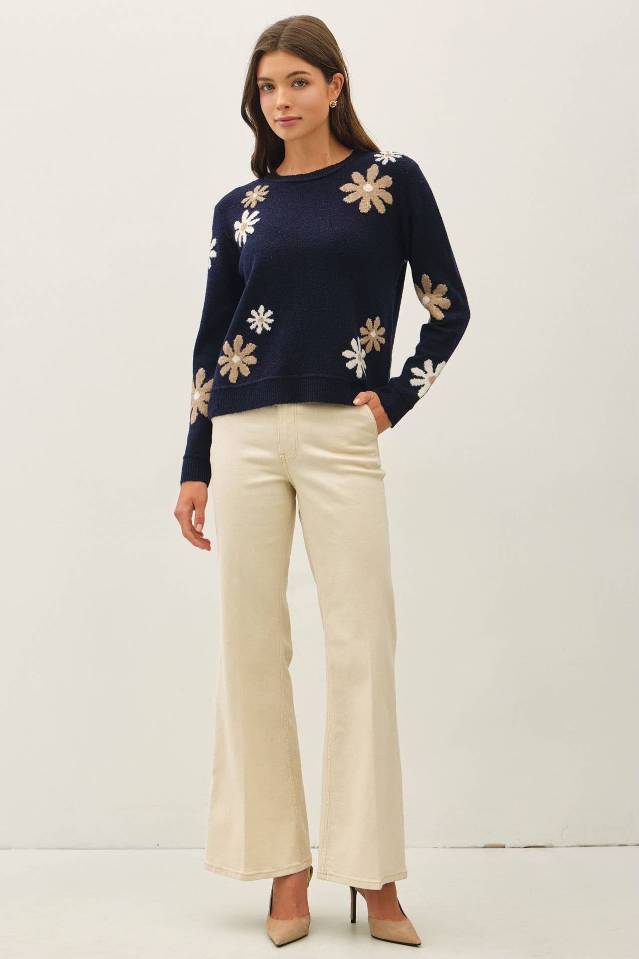 Wool Blend Floral Accent Crewneck Sweater