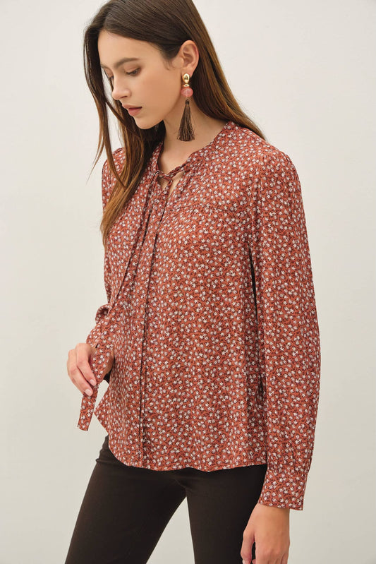 Floral Print Flowy Top with Tie Neckline Detail