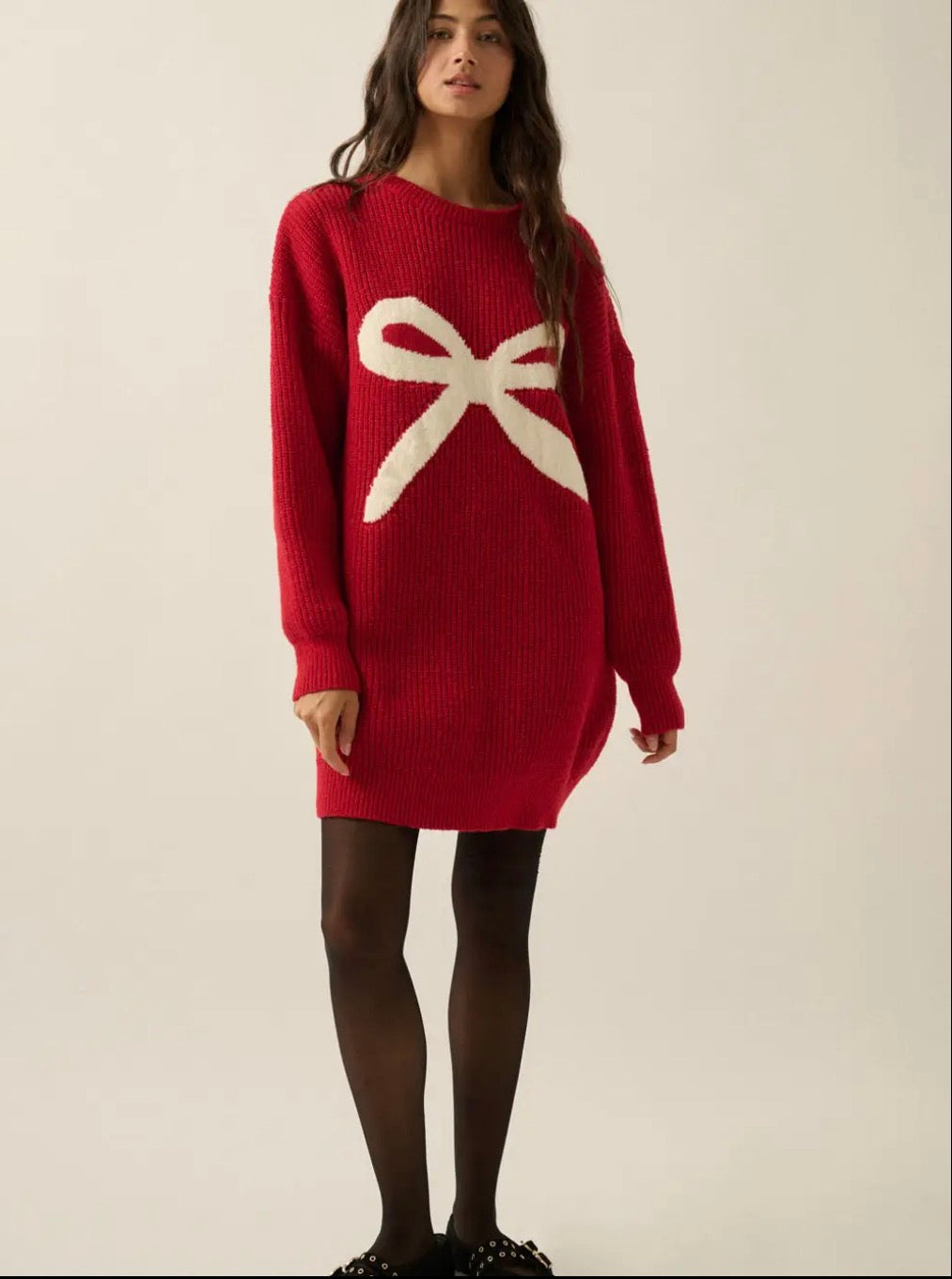 Bow Detail Ribbed Knit Mini Sweater Dress